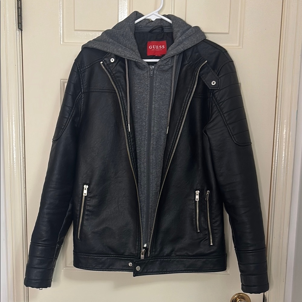 GUESS Men’s Faux-Leather Detachable-Hood Motorcycle Jacket